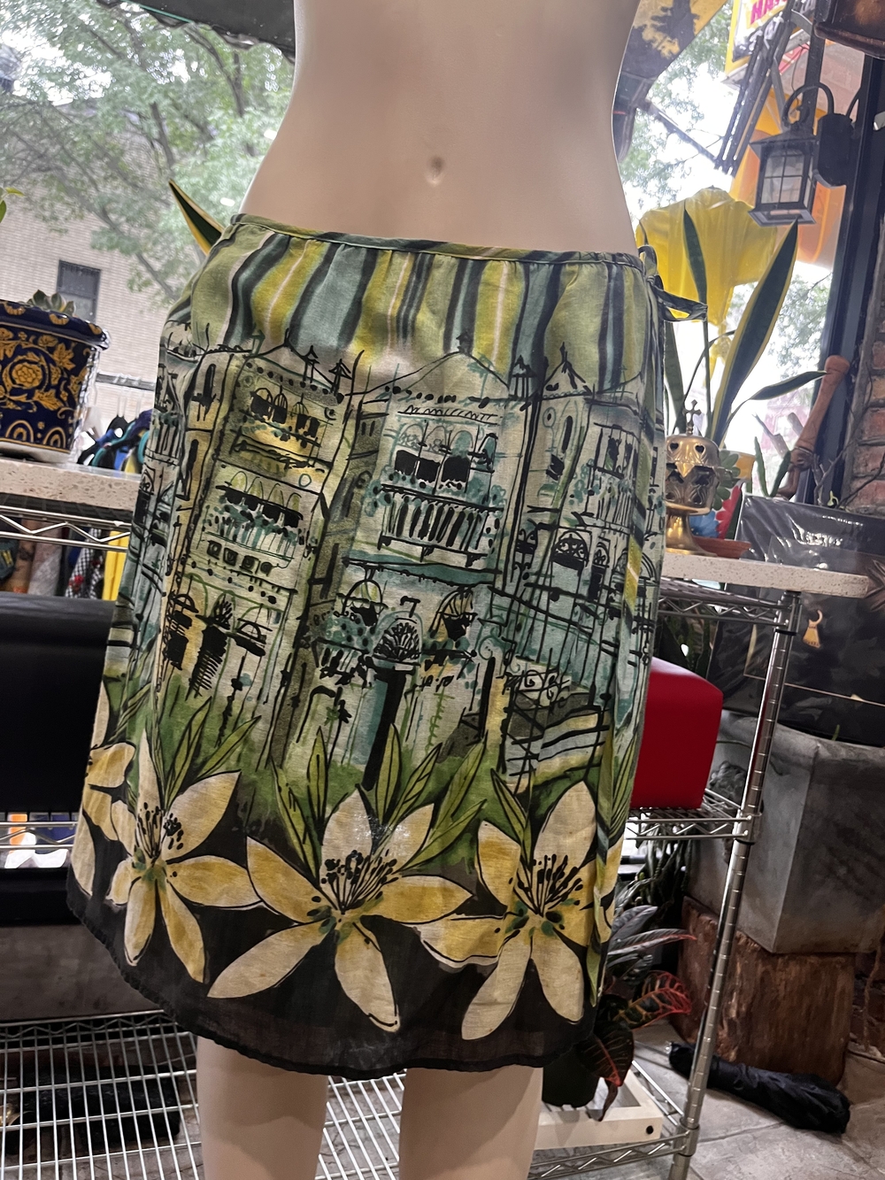 La Belle Green and Yellow Mini Skirt with Architectural & Floral Print